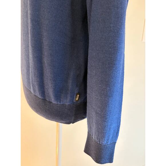 HUGO BOSS Sweater | Dark Blue Wool Silk Crewneck Regular Fit Eurochic | MEDIUM - Picture 6 of 8